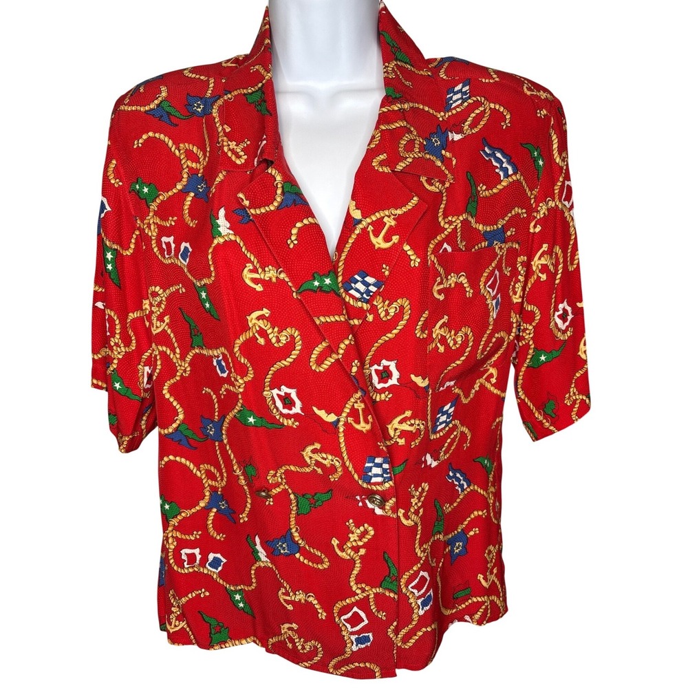 VTG 80s Neiman Marcus Womens Red Silk Nautical Anchor Short Sleeve Blouse Sz 4